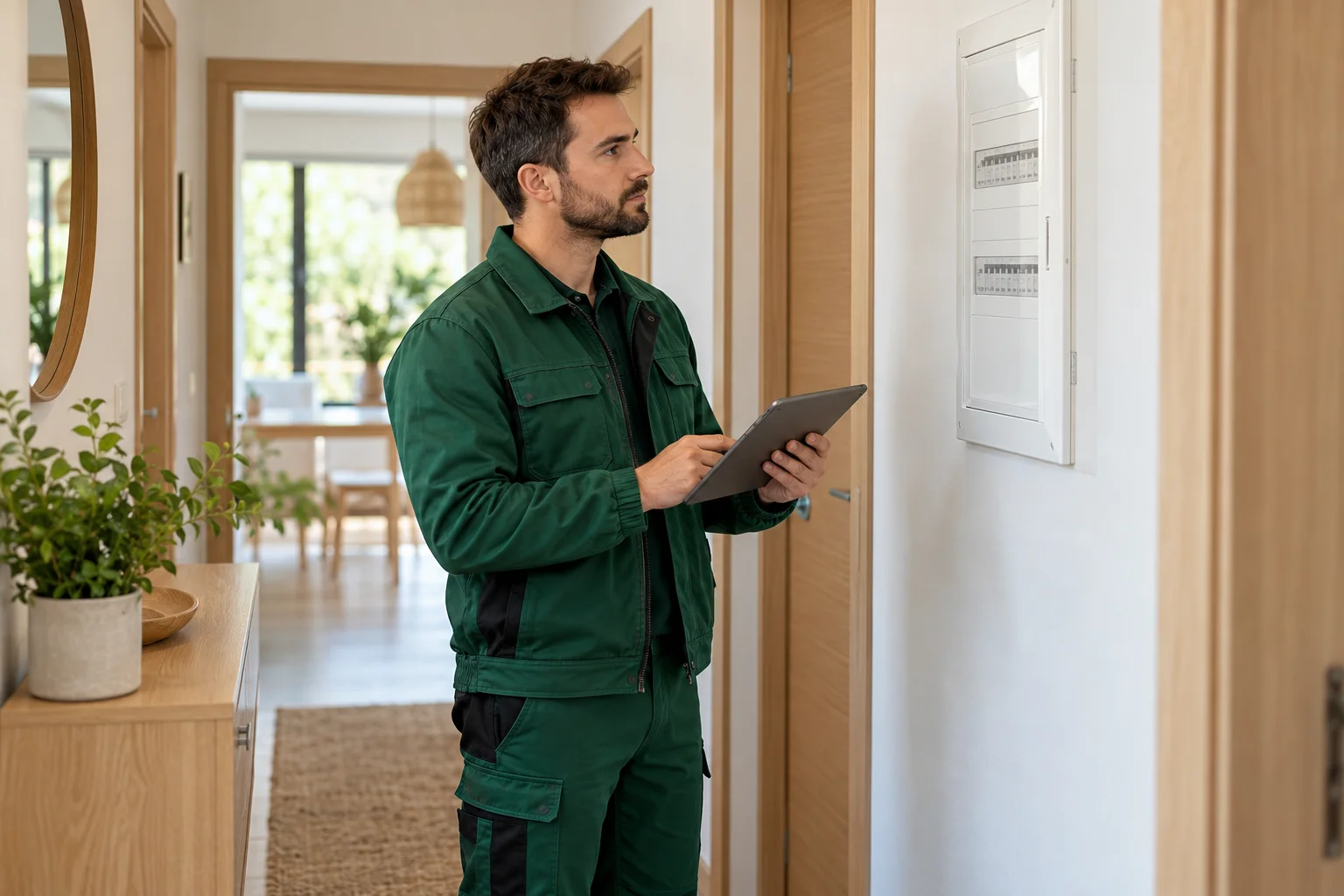 Profesional con uniforme verde: averías eléctricas