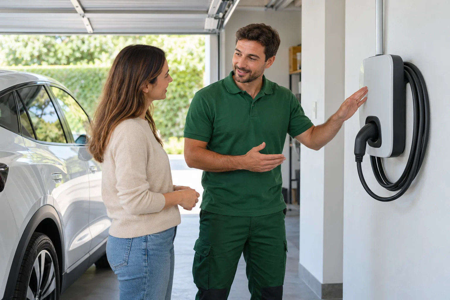 Profesional con uniforme verde: cargadores de vehículos eléctricos