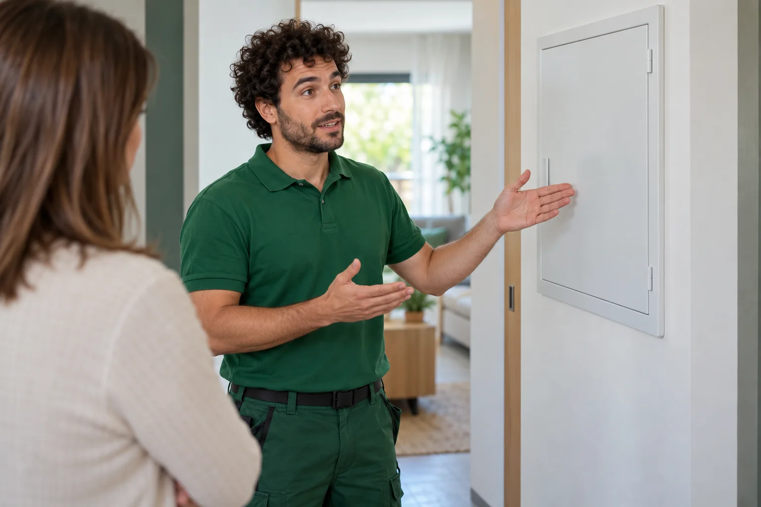 Profesional con uniforme verde: cuadros eléctricos