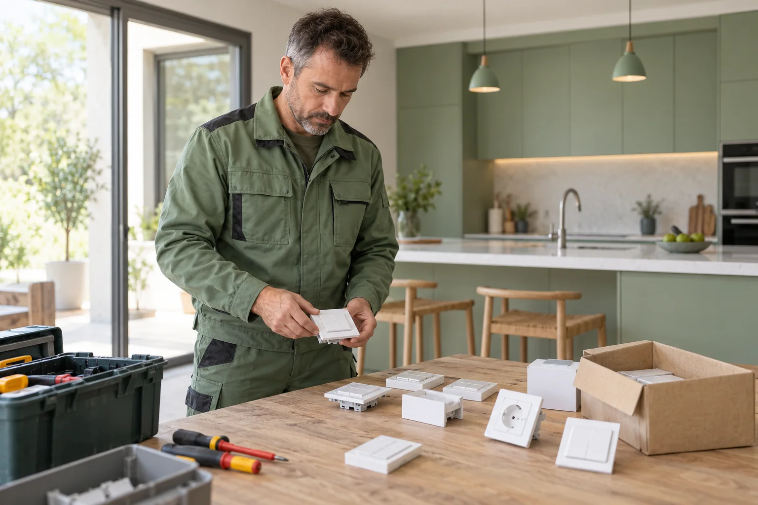 Profesional con uniforme verde: enchufes e interruptores