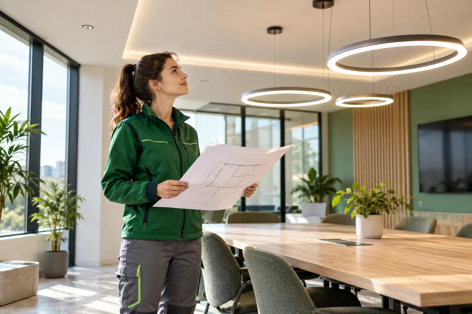 Profesional con uniforme verde: iluminación