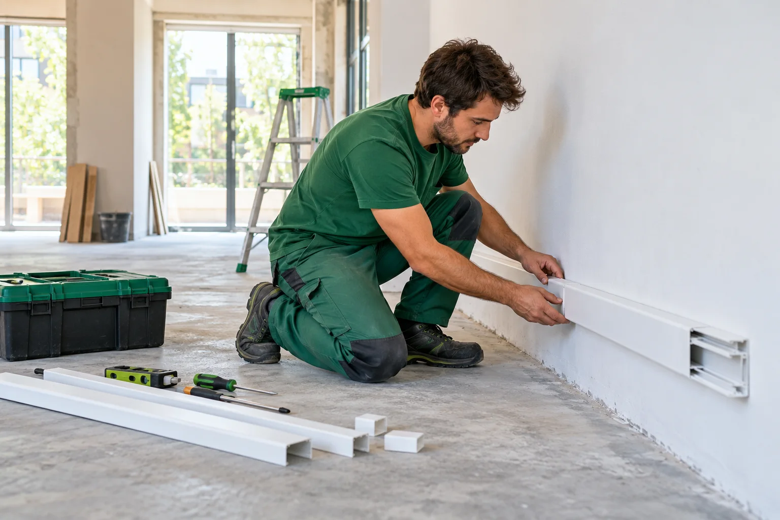 Profesional con uniforme verde: instalaciones eléctricas