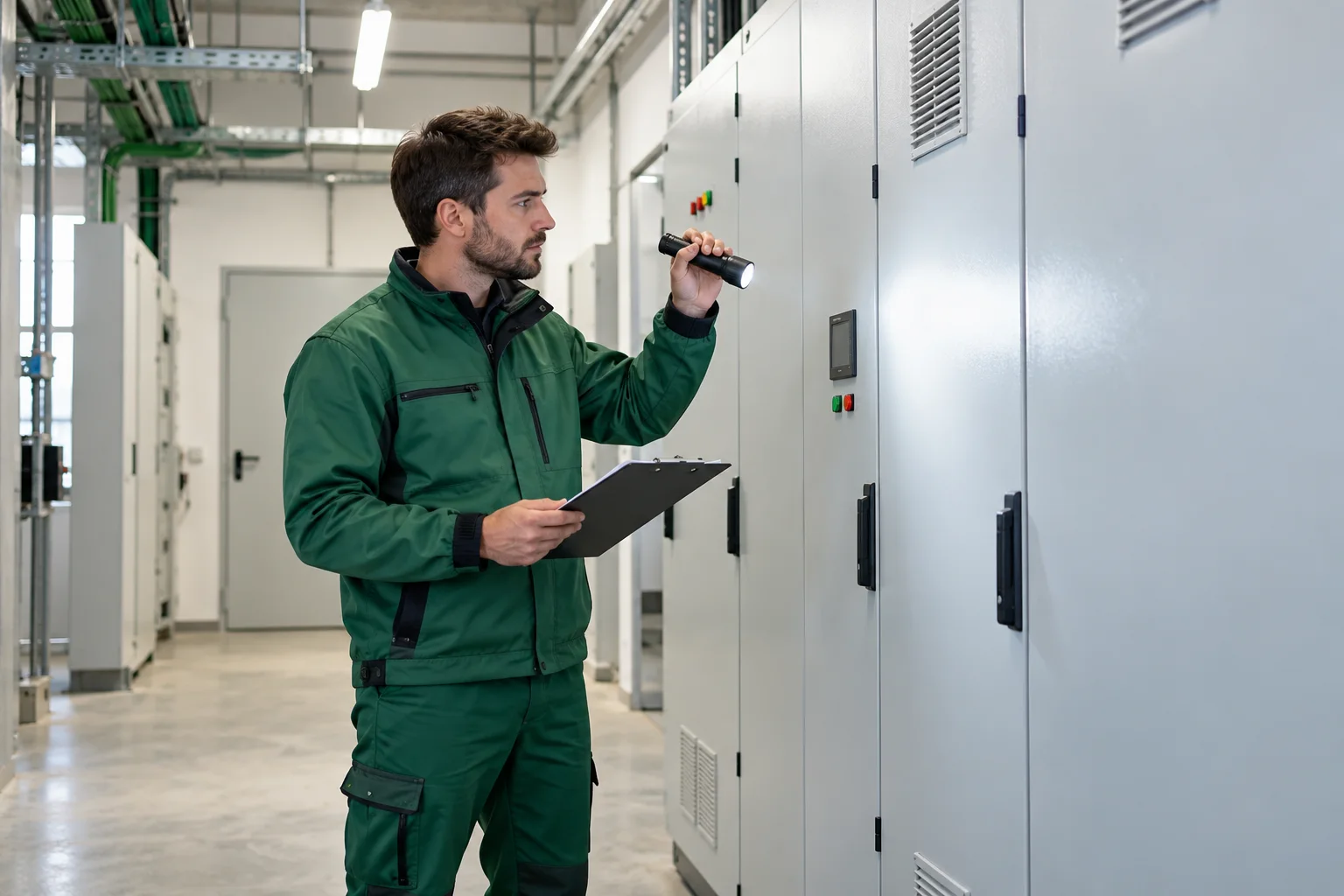 Profesional con uniforme verde: mantenimiento eléctrico